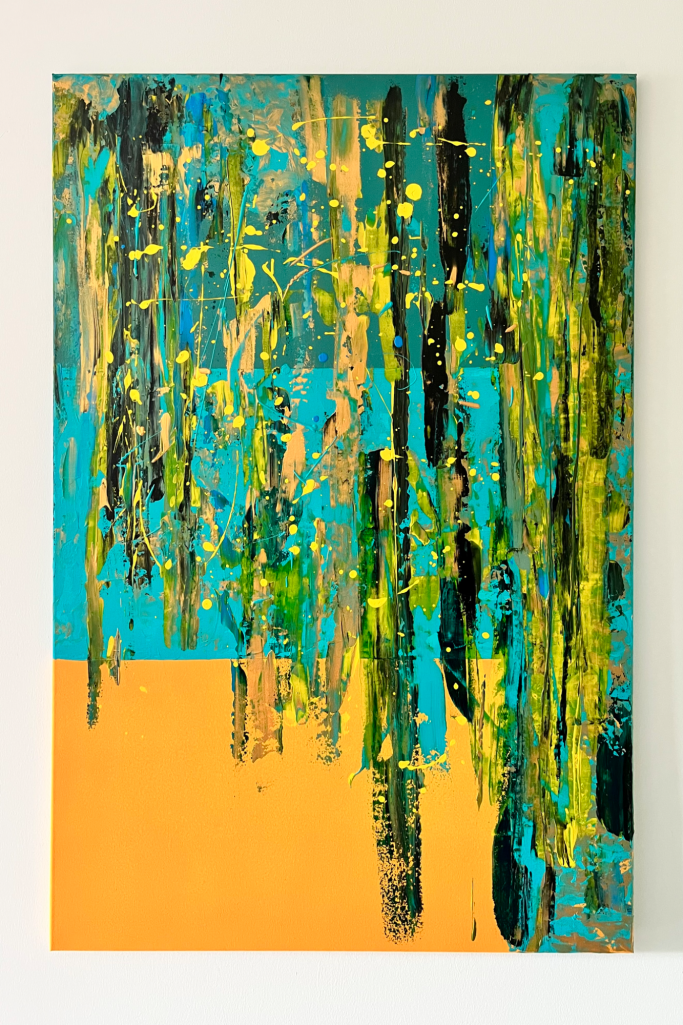 Abstrakte Malerei in Blau, Grün und Orange mit vertikalen Strukturen und Texturen.