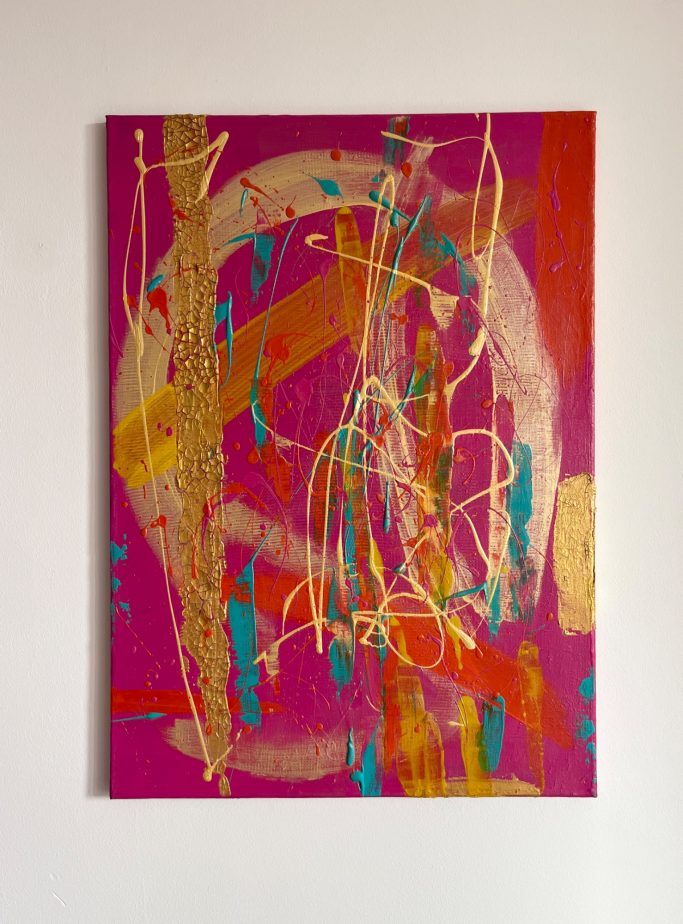 Abstrakte Malerei mit kräftigen Rosa-, Gold- und Türkistönen auf Leinwand.