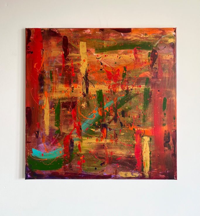 Abstracte Malerei mit lebhaften Farben in Rot, Grün und Blau, strukturierten Texturen.